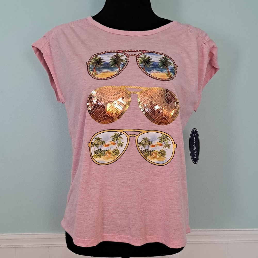 NWOT, Pink T-Shirt with Printed And Sequined Sunglasses Design on Front, Size PM